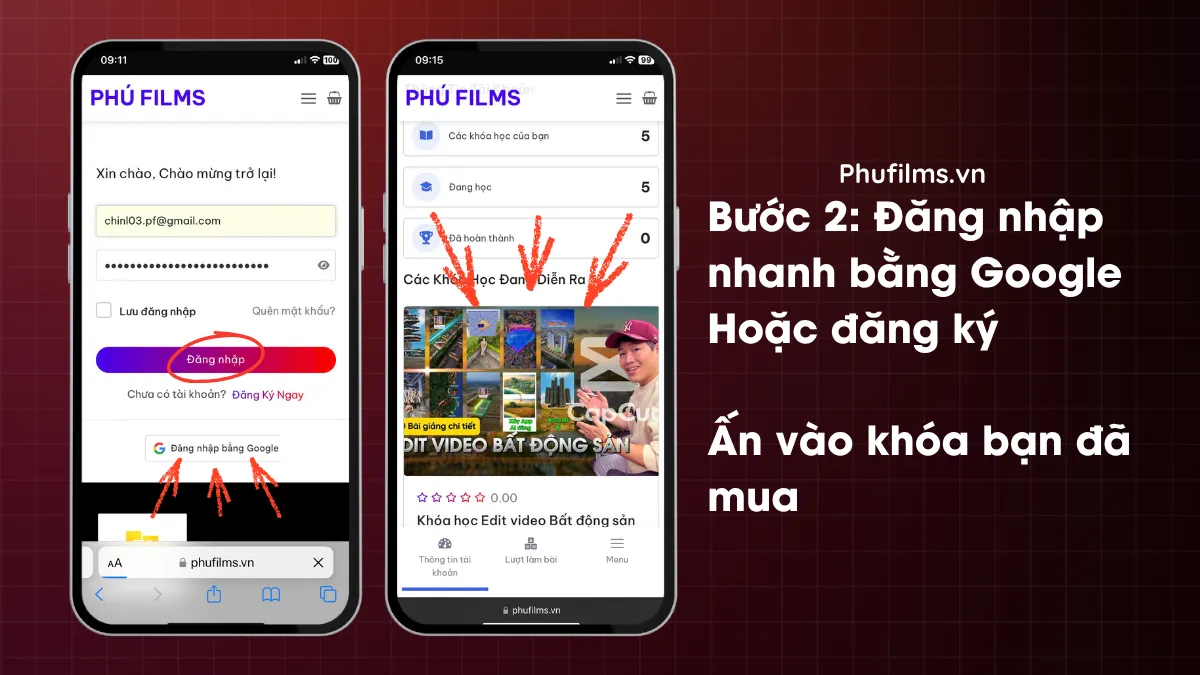 Hướng dẫn học E-learning trên website bằng điện thoại bước 2