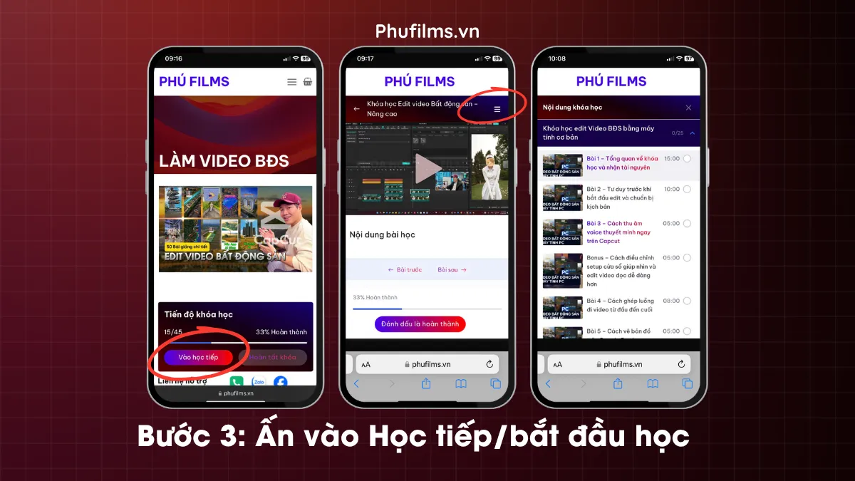 Hướng dẫn học E-learning trên website bằng điện thoại bước 3