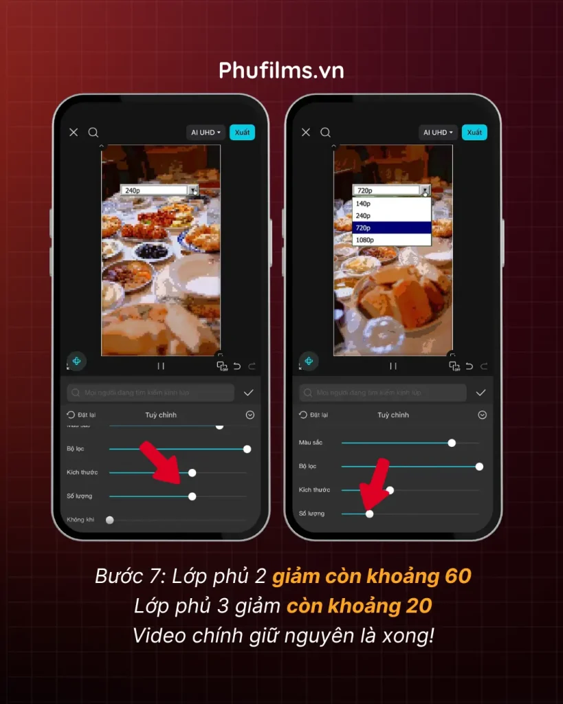 Bước 7: Giảm dần hiệu ứng Pixel ở các lớp phủ còn lại